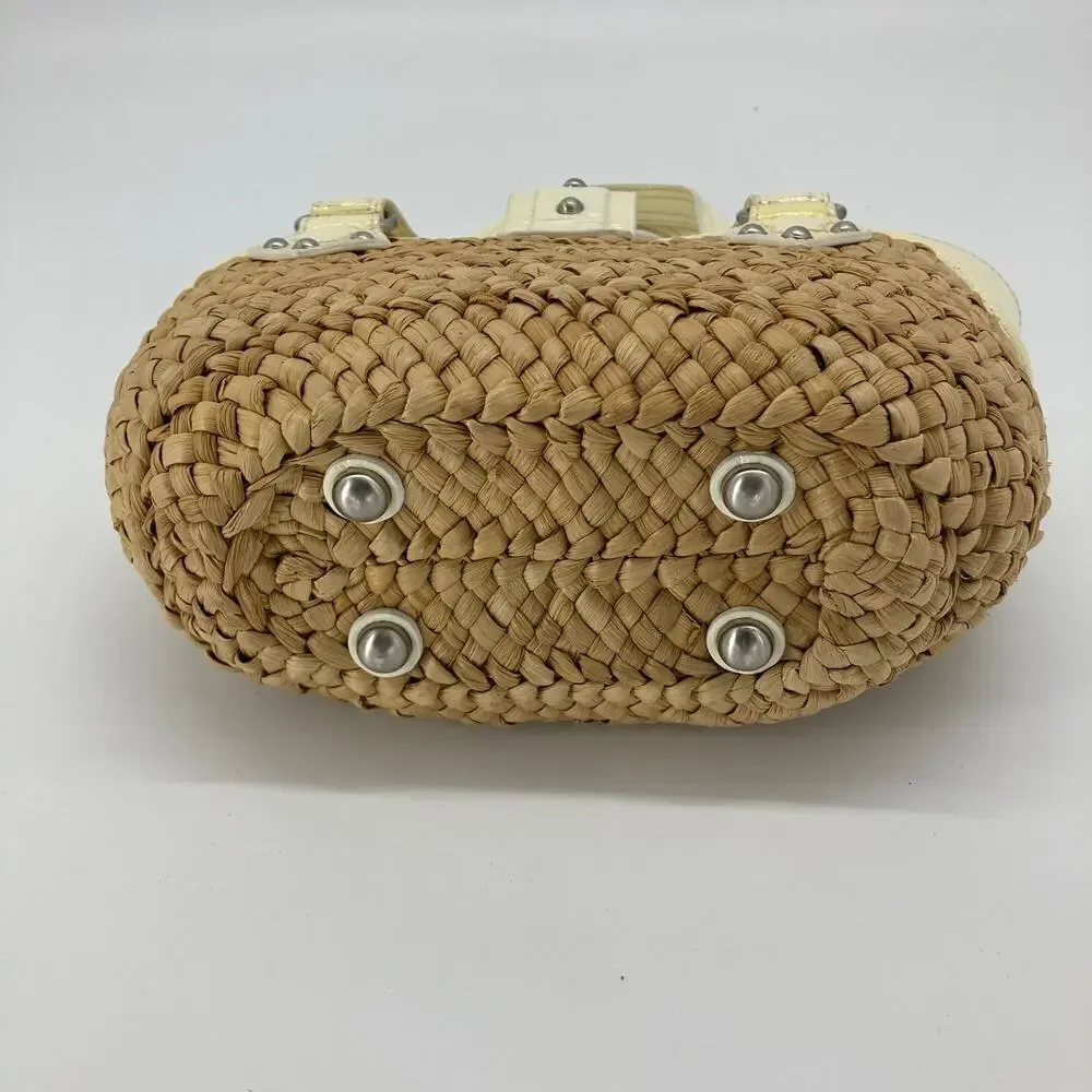 Michael Kors, brown basket weave, patten leather trim